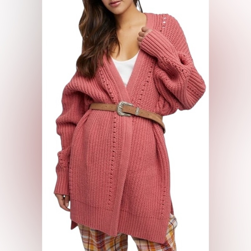 FREE PEOPLE Nightingale Cardigan in Rosette (blush pink) oversized sweater Small - Picture 2 of 10